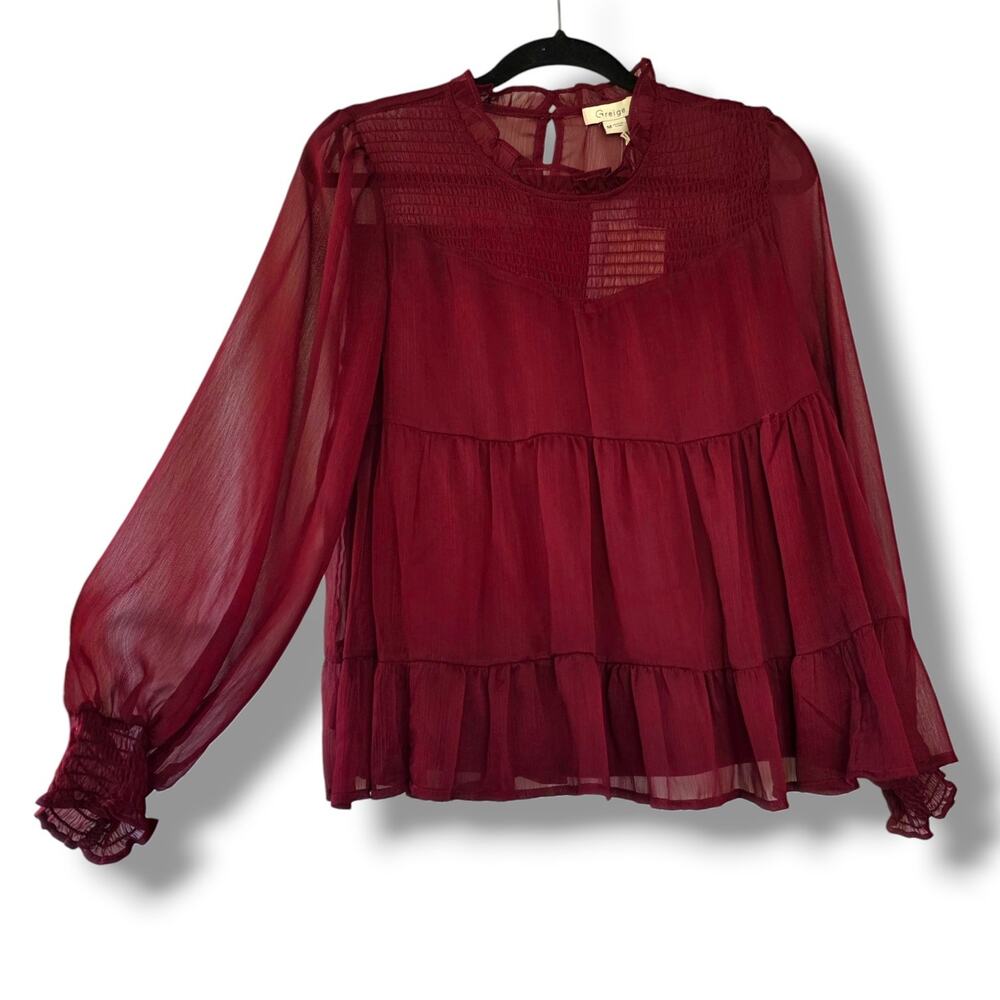 Greige Boho Blouse M Peasant Top Baloon Sleeve Mock Neck Burgundy Red Sheer